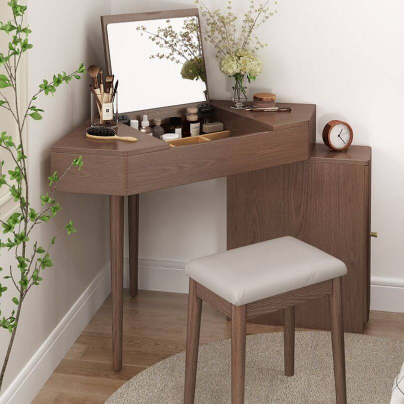 Nut-Brown Wooden Corner Dressing Table with Flip Top Mirror