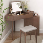 Nut-Brown Wooden Corner Dressing Table with Flip Top Mirror