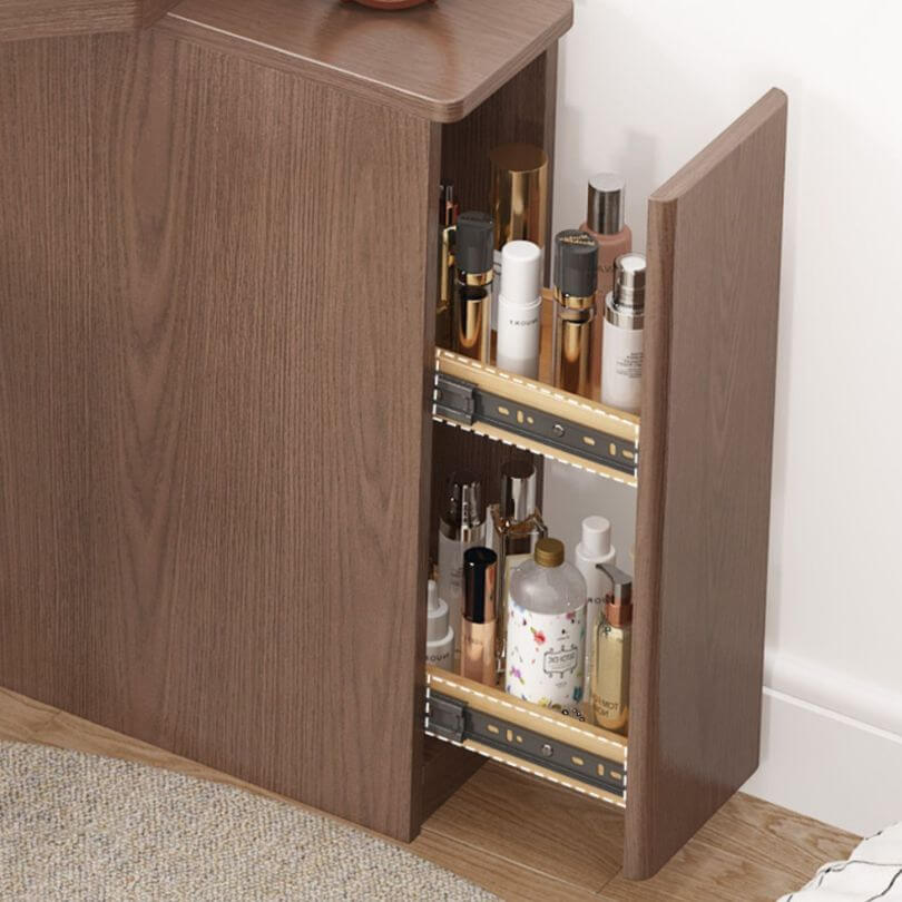 Nut-Brown Wooden Corner Dressing Table with Flip Top Mirror