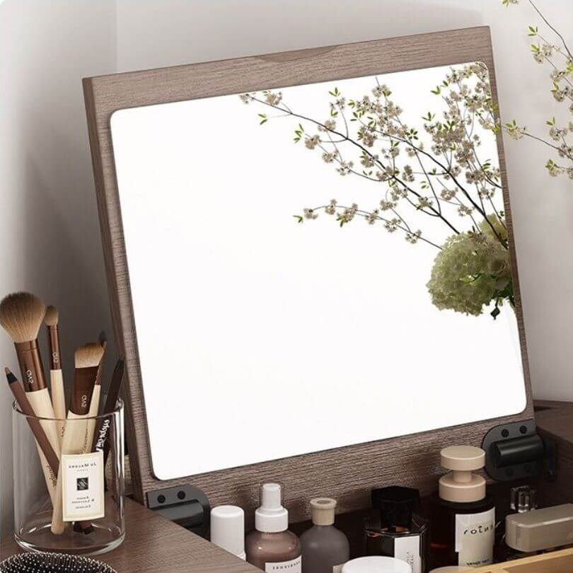 Nut-Brown Wooden Corner Dressing Table with Flip Top Mirror