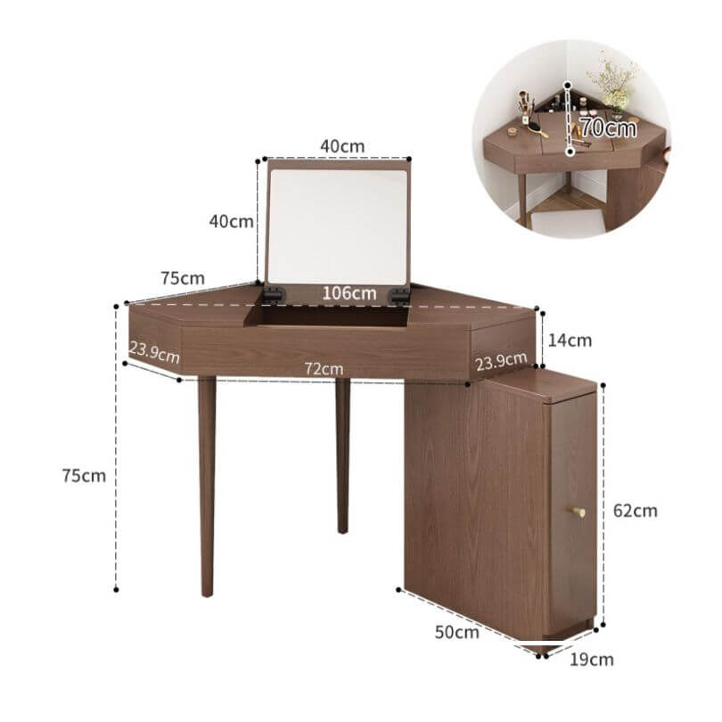 Nut-Brown Wooden Corner Dressing Table with Flip Top Mirror