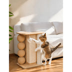 Oak Cat Scratcher Side Table with Three Textures and Cozy Lounge Nook