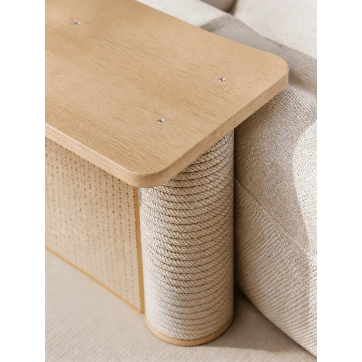 Oak Cat Scratcher Side Table with Three Textures and Cozy Lounge Nook