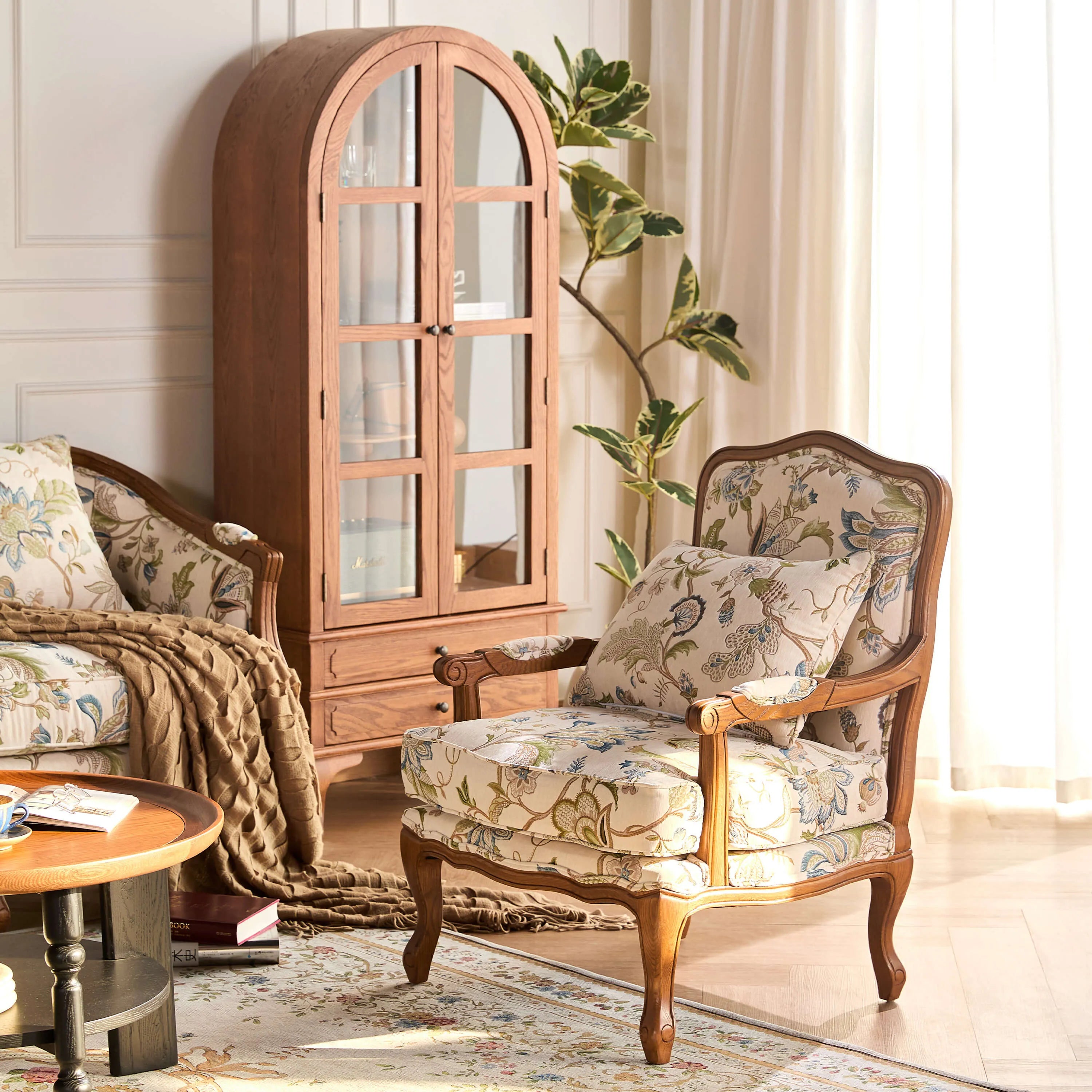 Oak-Framed Floral Accent Chair Series with Ottoman, Vintage Reading Nook Style