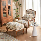 Oak-Framed Floral Accent Chair Series with Ottoman, Vintage Reading Nook Style