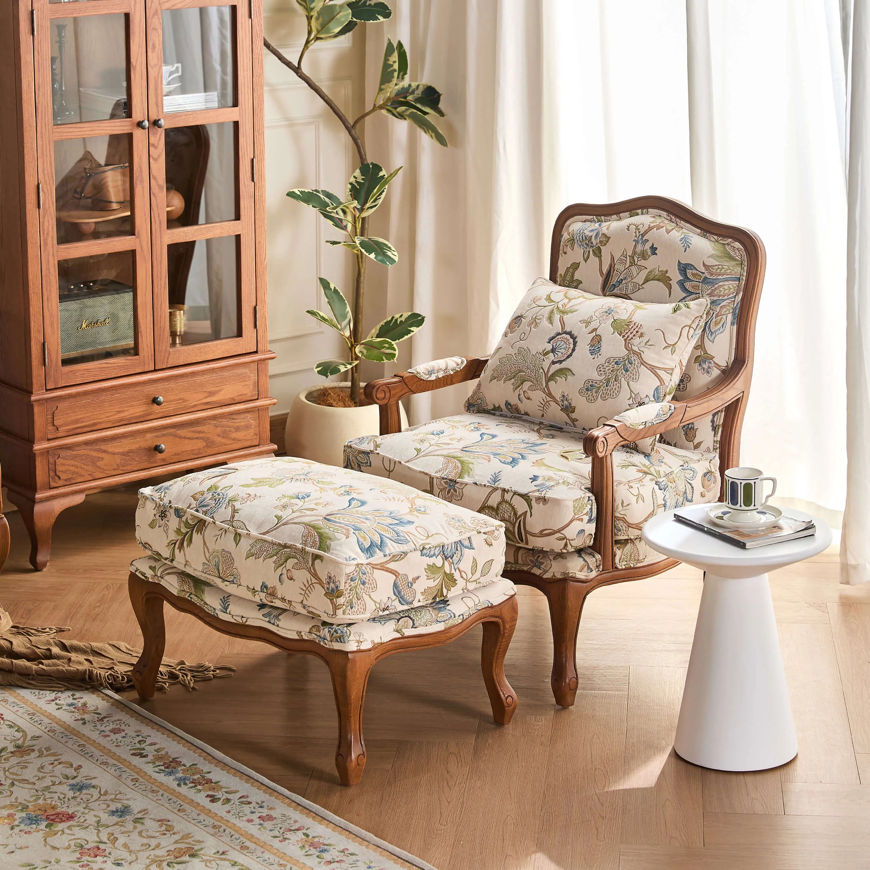 Oak-Framed Floral Accent Chair Series with Ottoman, Vintage Reading Nook Style