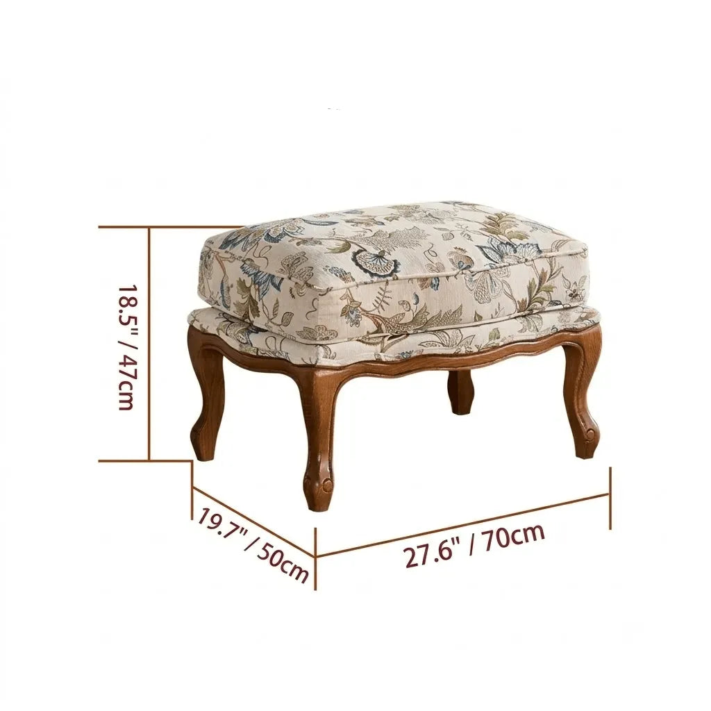 Oak-Framed Floral Accent Chair Series with Ottoman, Vintage Reading Nook Style Dimensions