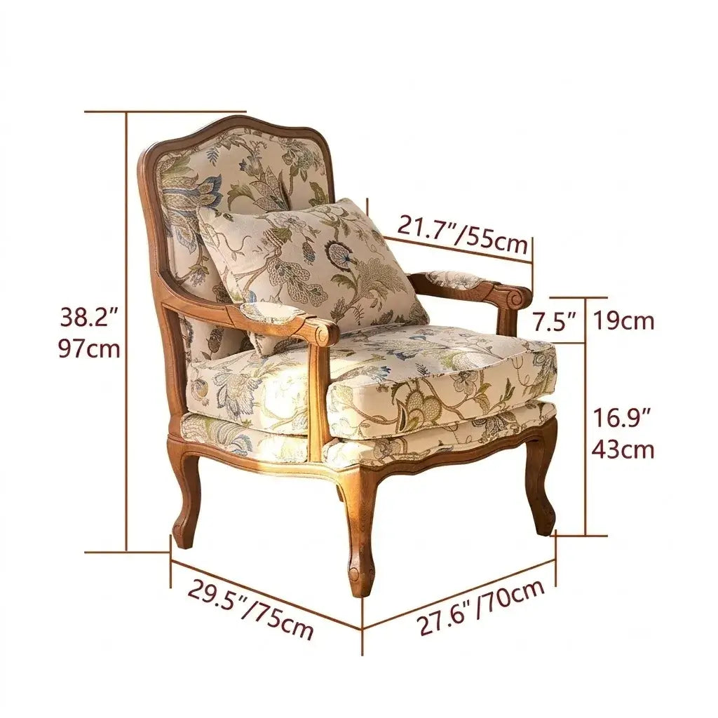 Oak-Framed Floral Accent Chair Series with Ottoman, Vintage Reading Nook Style Dimensions