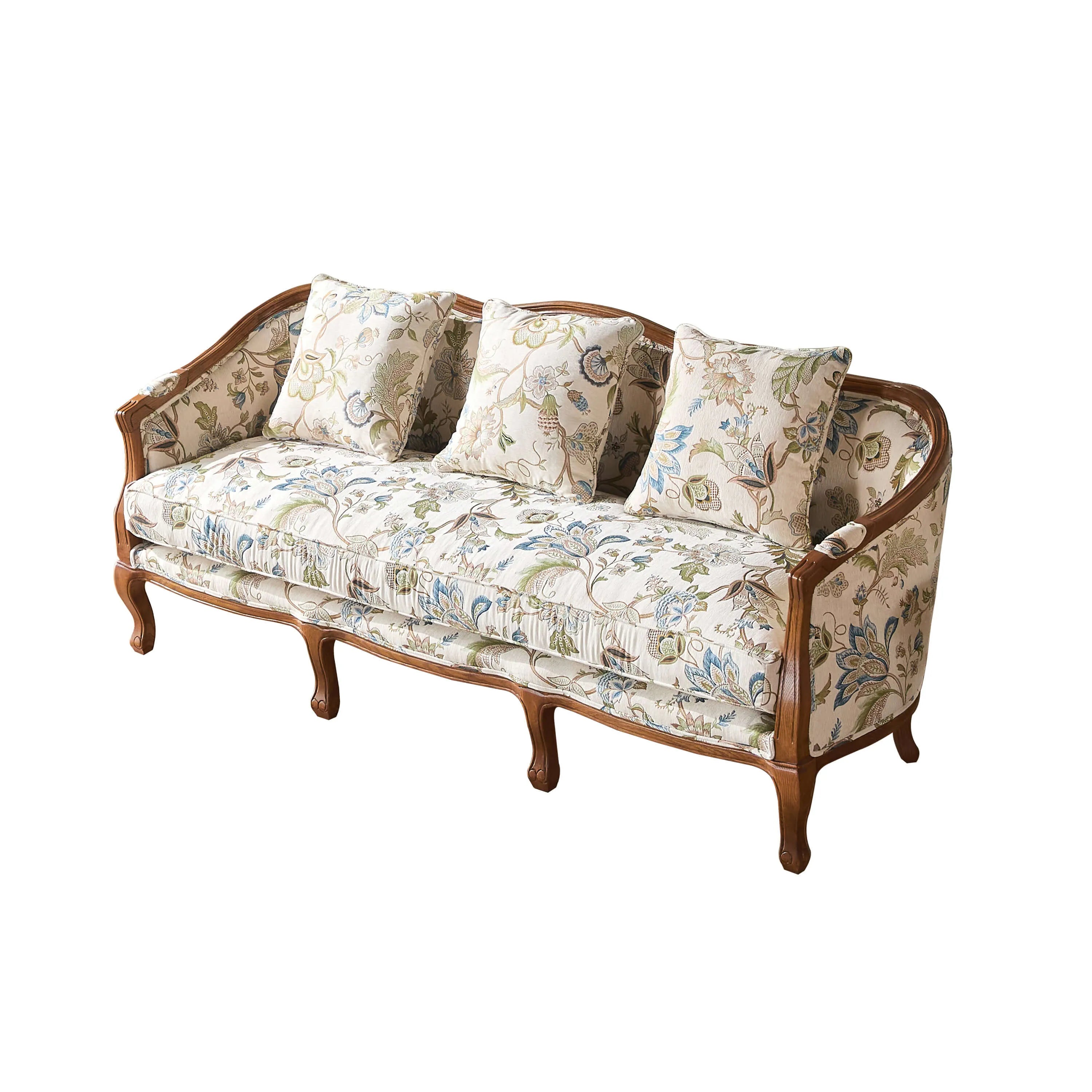 Oak-Trim Floral Sofa Series With Curved High Back and Jacquard Charm