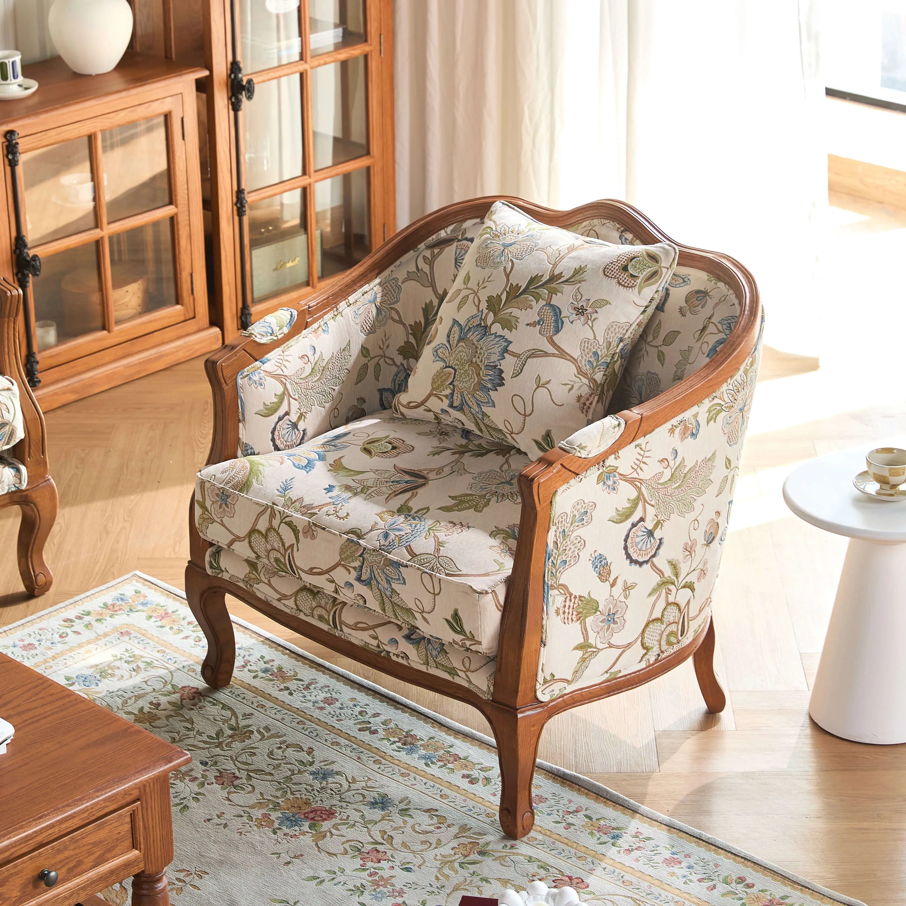 Oak-Trim Floral Sofa Series With Curved High Back and Jacquard Charm