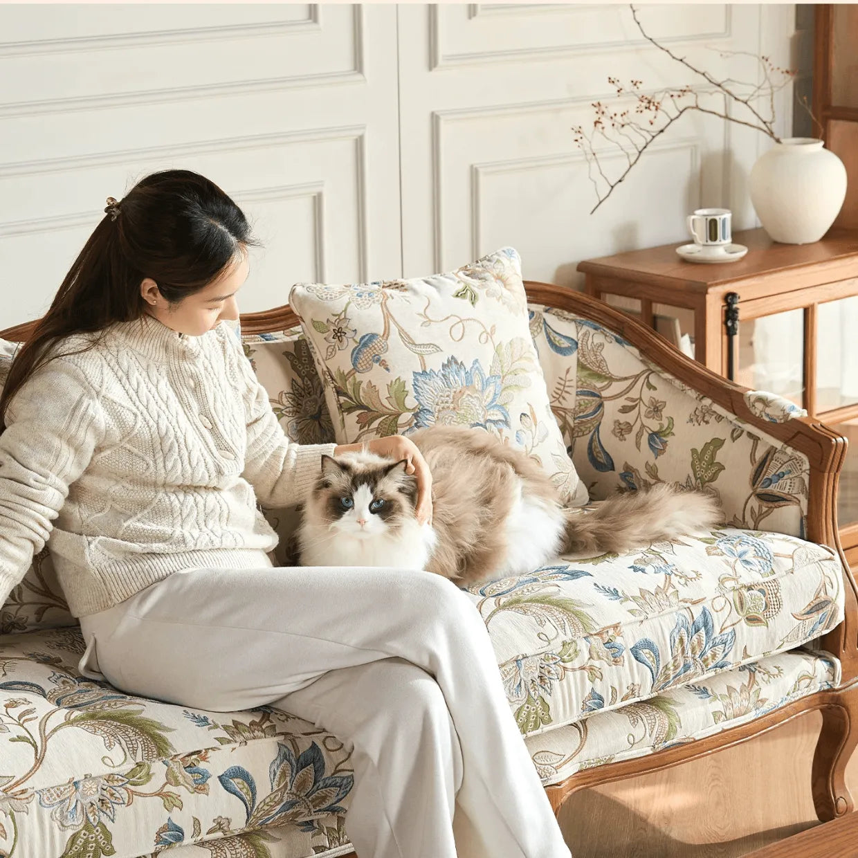 Oak-Trim Floral Sofa Series With Curved High Back and Jacquard Charm