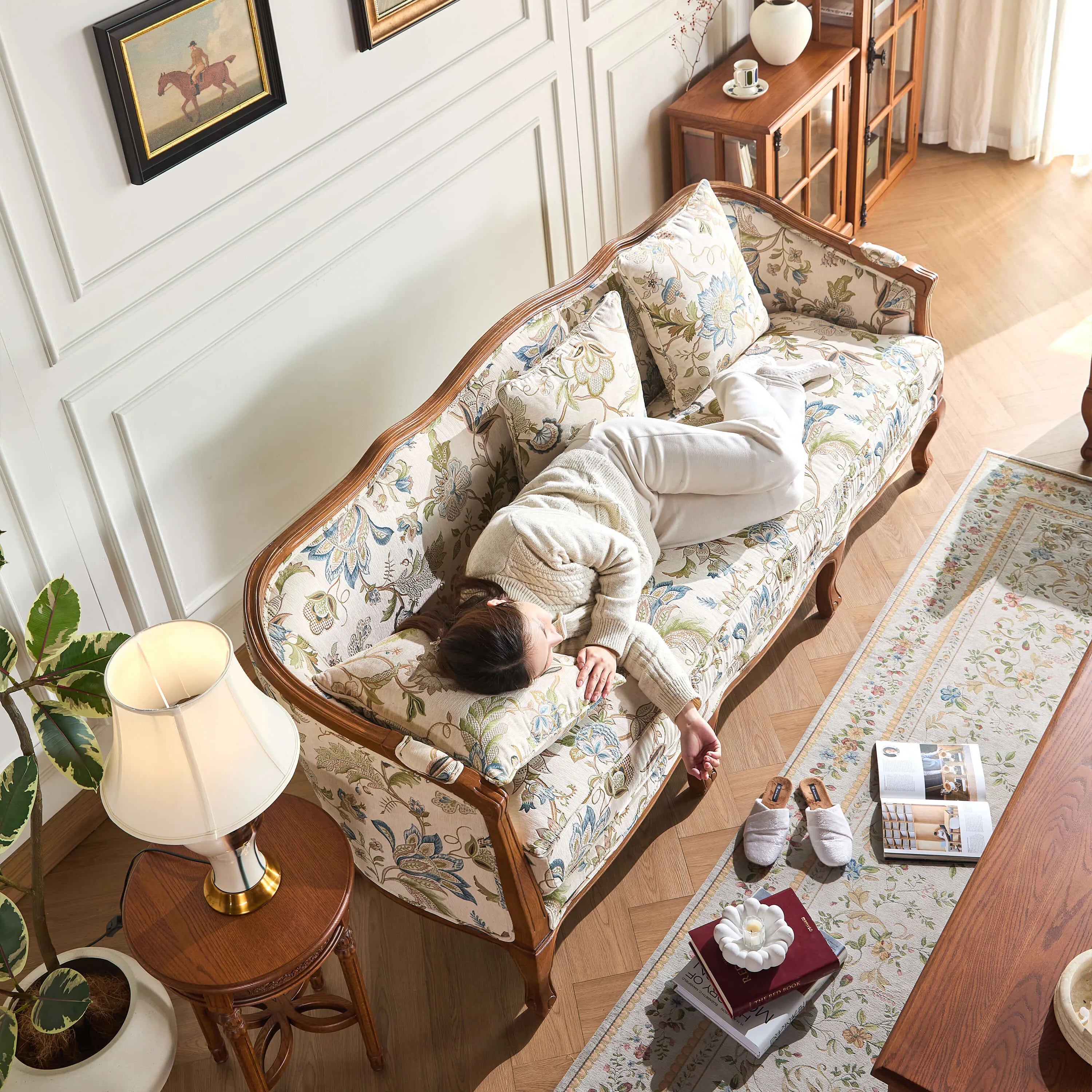 Oak-Trim Floral Sofa Series With Curved High Back and Jacquard Charm