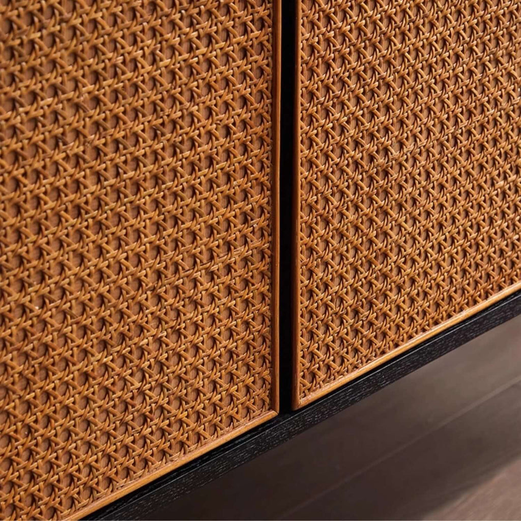 Oak Veneer Rattan Buffet Cabinet with Half-Moon Handles