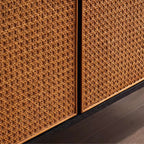 Oak Veneer Rattan Buffet Cabinet with Half-Moon Handles