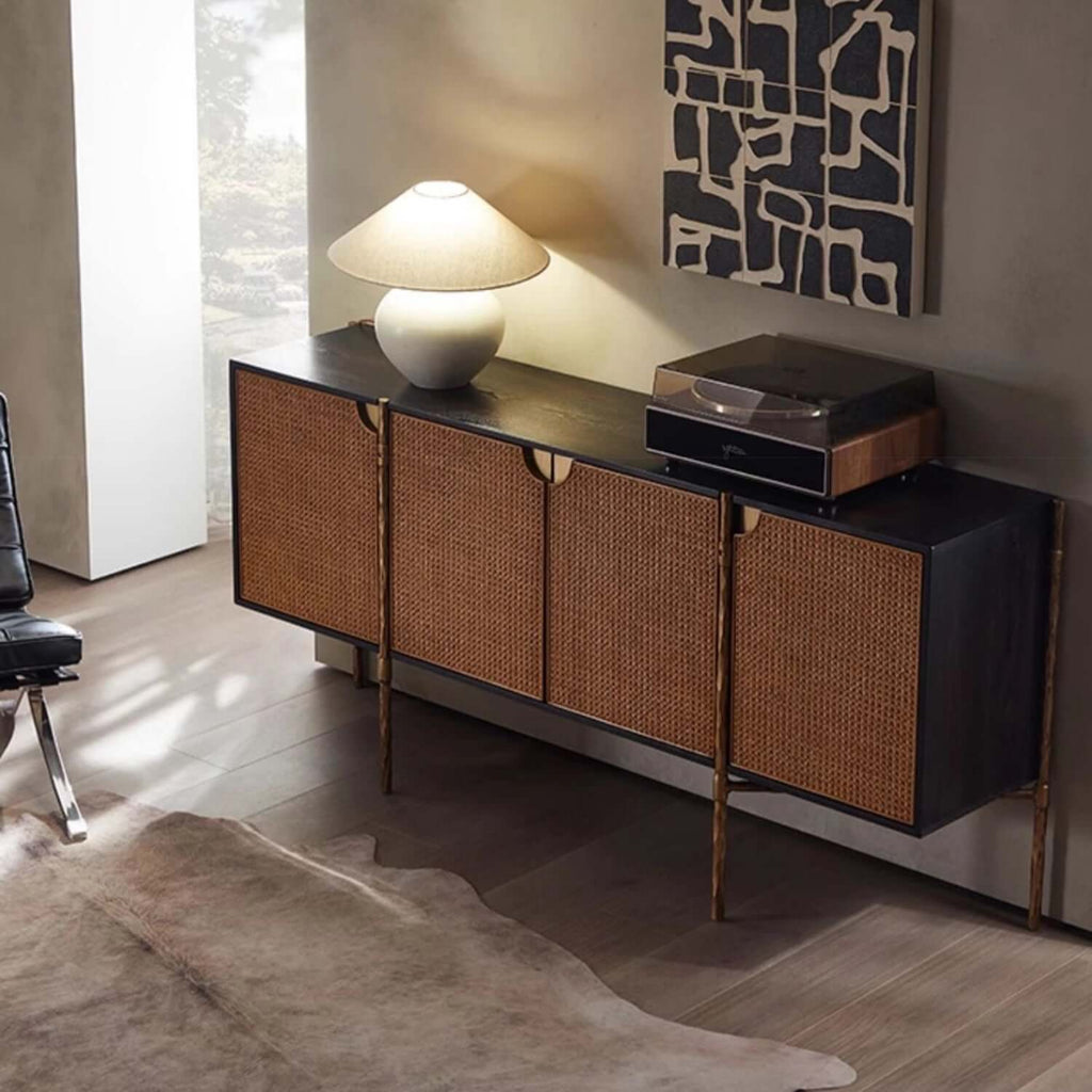 Oak Veneer Rattan Buffet Cabinet with Half-Moon Handles