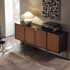 Oak Veneer Rattan Buffet Cabinet with Half-Moon Handles