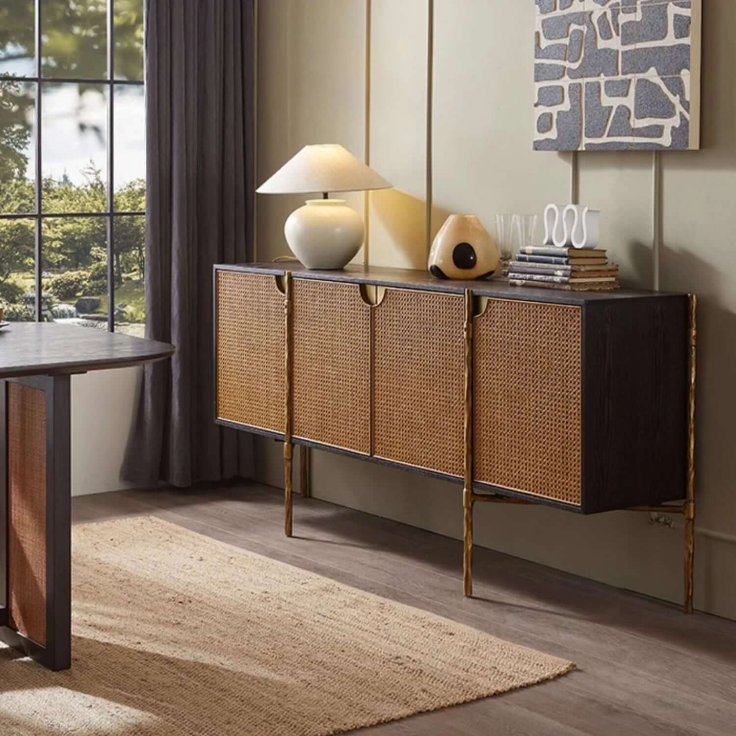 Oak Veneer Rattan Buffet Cabinet with Half-Moon Handles