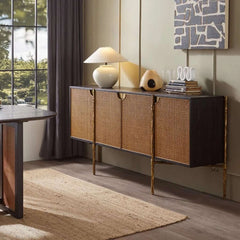 Oak Veneer Rattan Buffet Cabinet with Half-Moon Handles