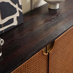 Oak Veneer Rattan Buffet Cabinet with Half-Moon Handles