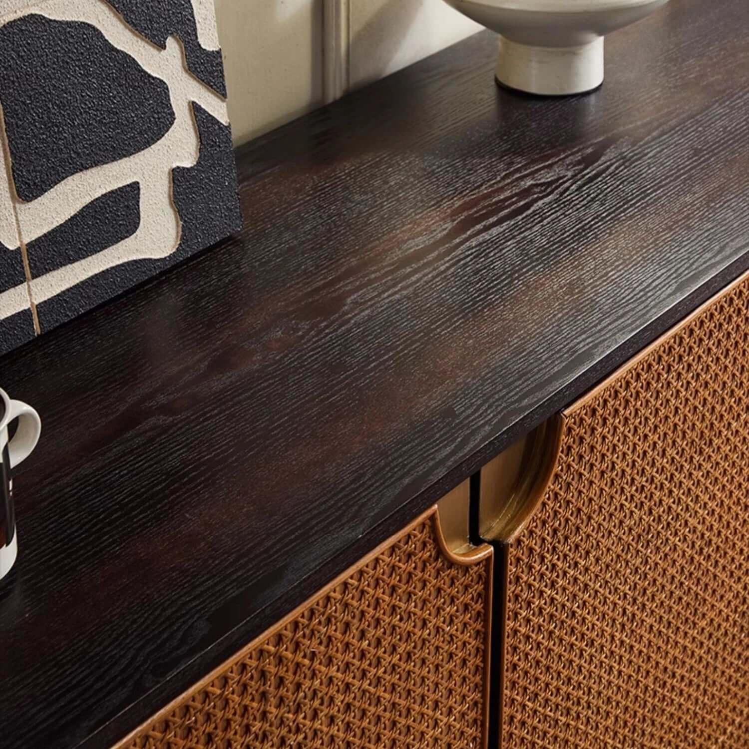 Oak Veneer Rattan Buffet Cabinet with Half-Moon Handles