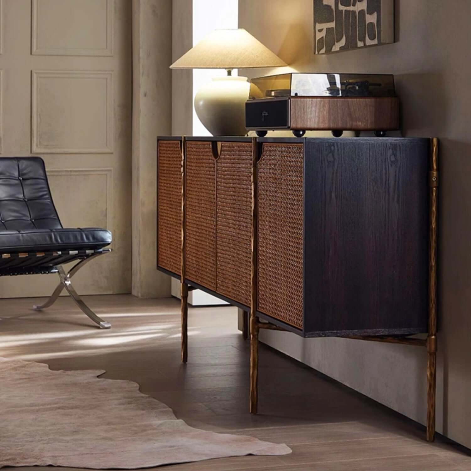 Oak Veneer Rattan Buffet Cabinet with Half-Moon Handles