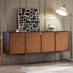 Oak Veneer Rattan Buffet Cabinet with Half-Moon Handles