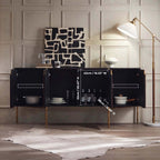 Oak Veneer Rattan Buffet Cabinet with Half-Moon Handles