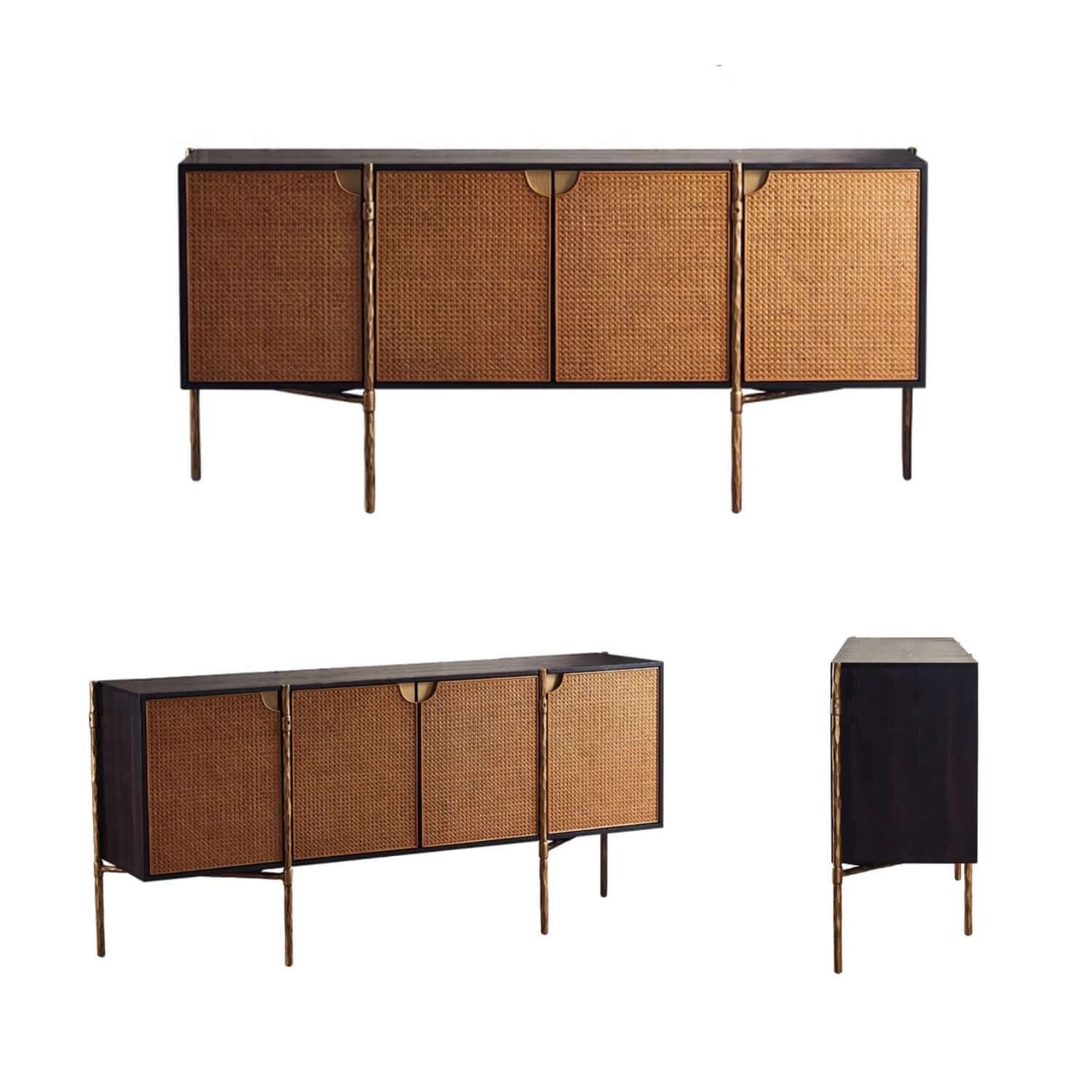 Oak Veneer Rattan Buffet Cabinet with Half-Moon Handles