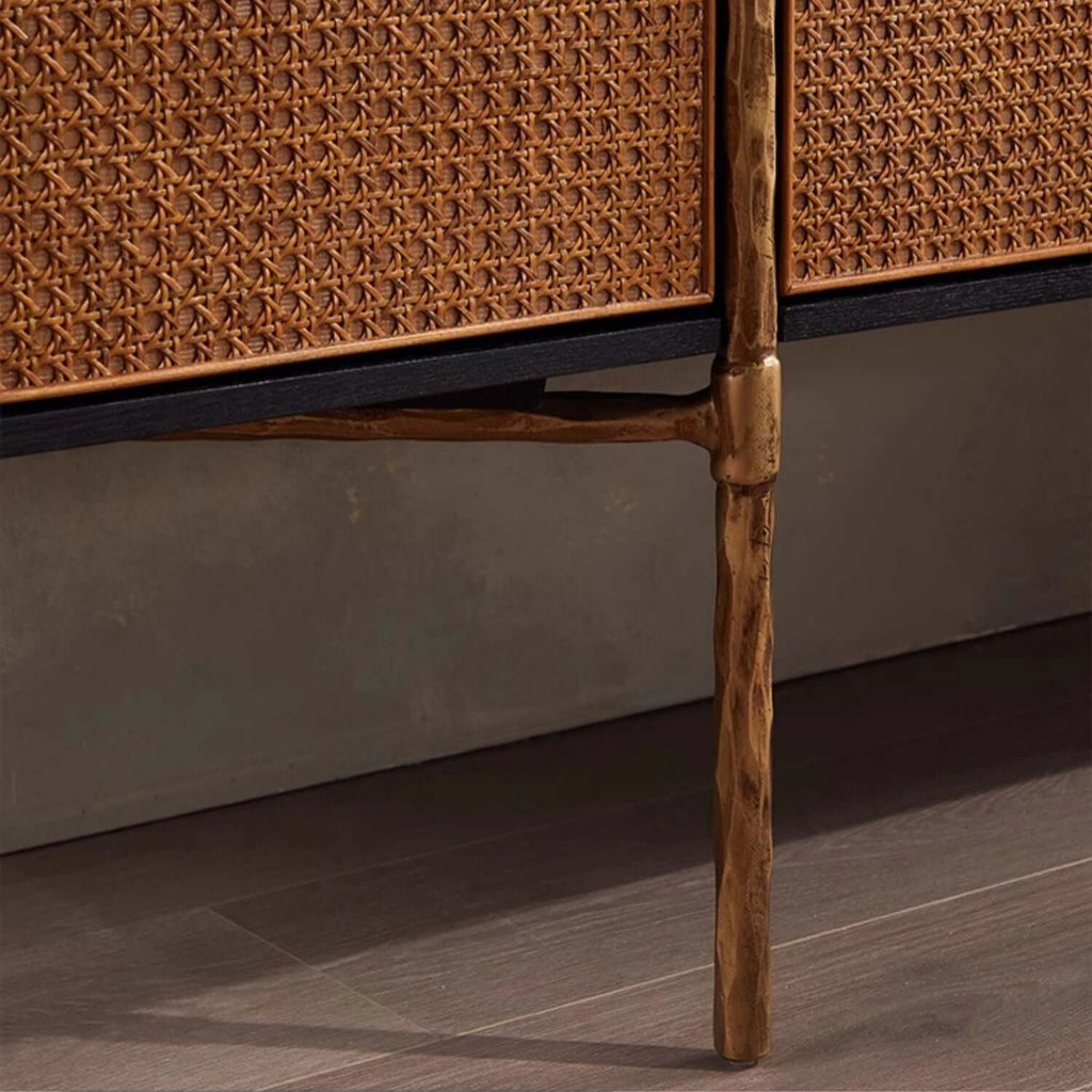 Oak Veneer Rattan Buffet Cabinet with Half-Moon Handles