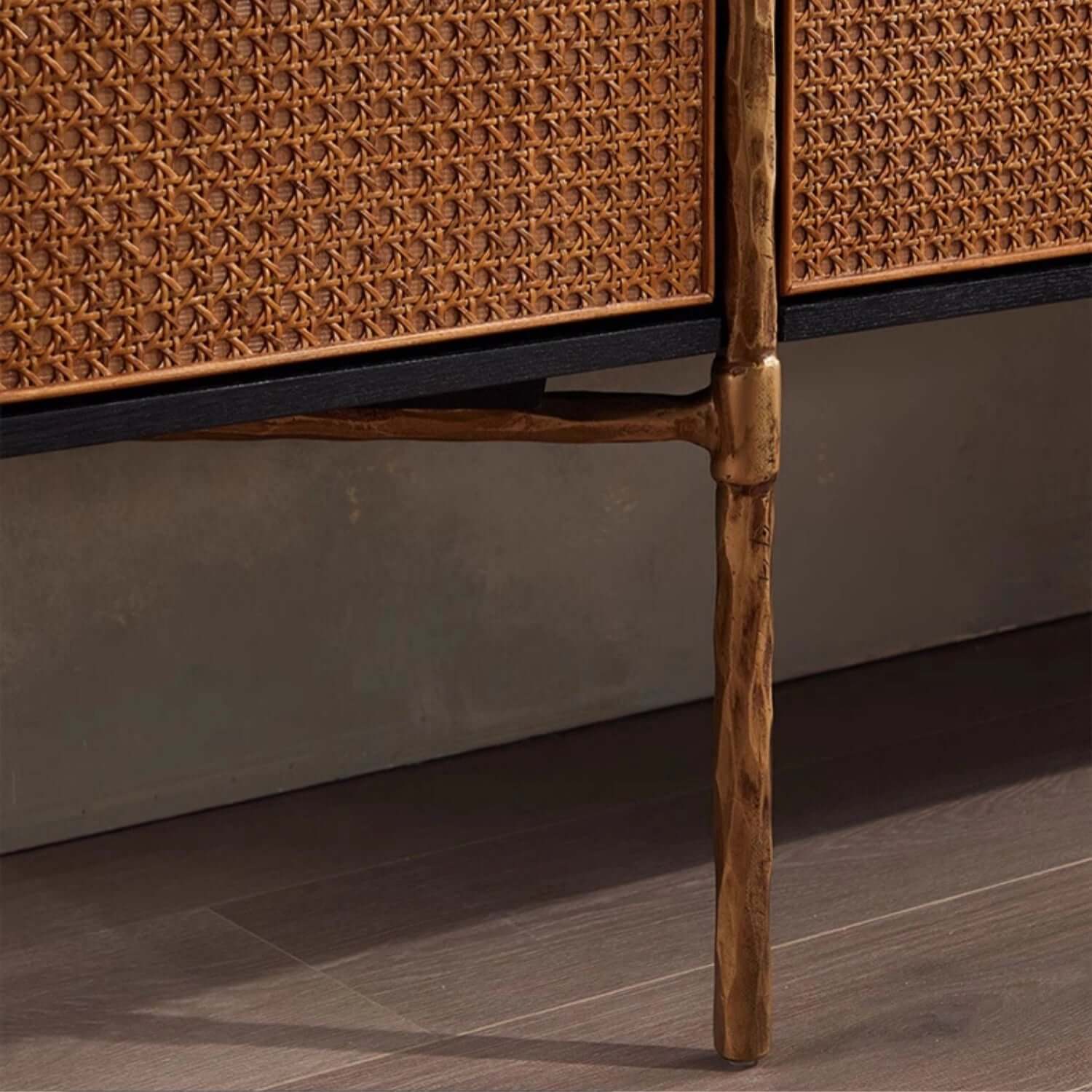 Oak Veneer Rattan Buffet Cabinet with Half-Moon Handles