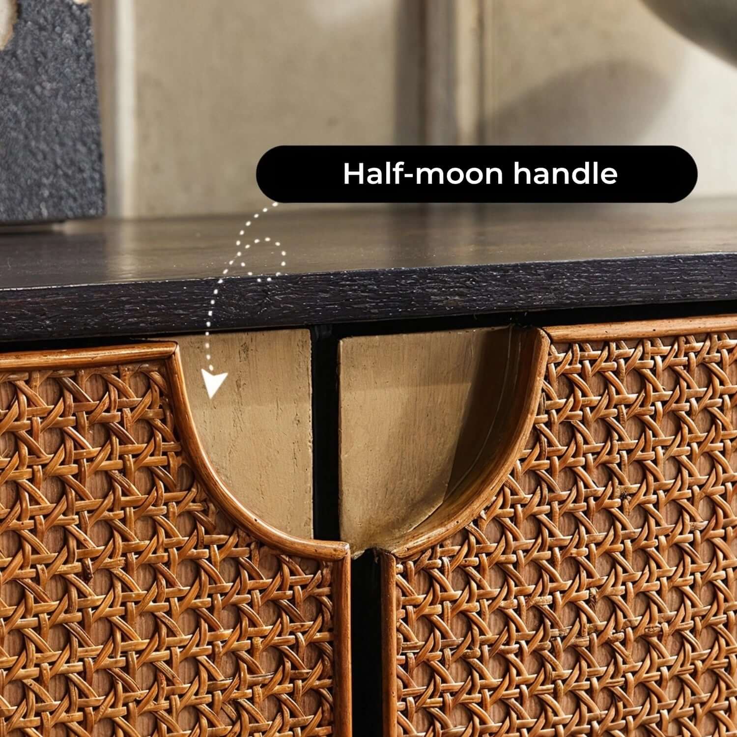 Oak Veneer Rattan Buffet Cabinet with Half-Moon Handles