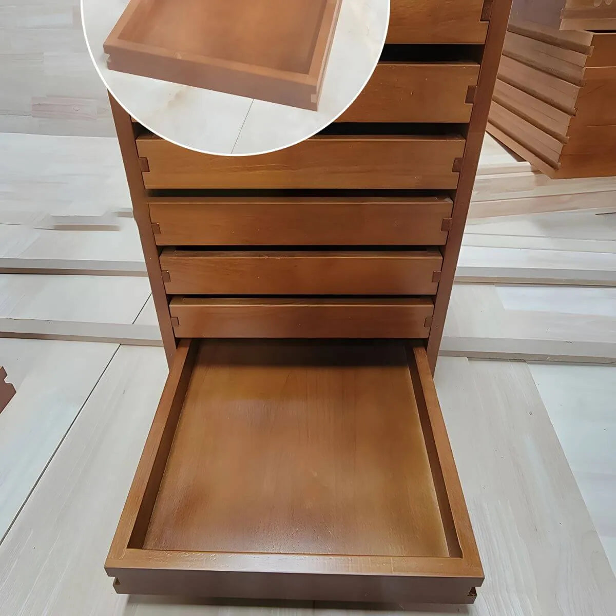Oak Vertical Storage Cabinet With 7 Drawers and Tray Top