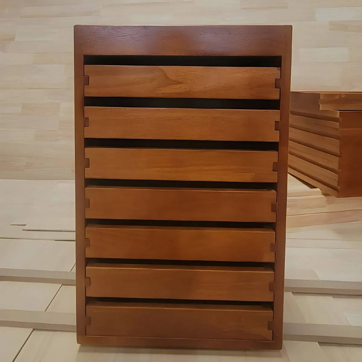 Oak Vertical Storage Cabinet With 7 Drawers and Tray Top