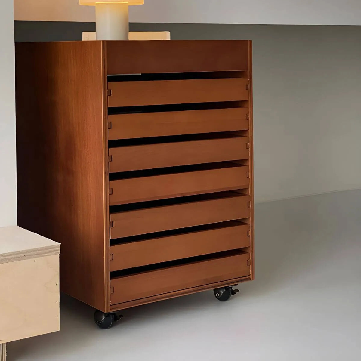 Oak Vertical Storage Cabinet With 7 Drawers and Tray Top