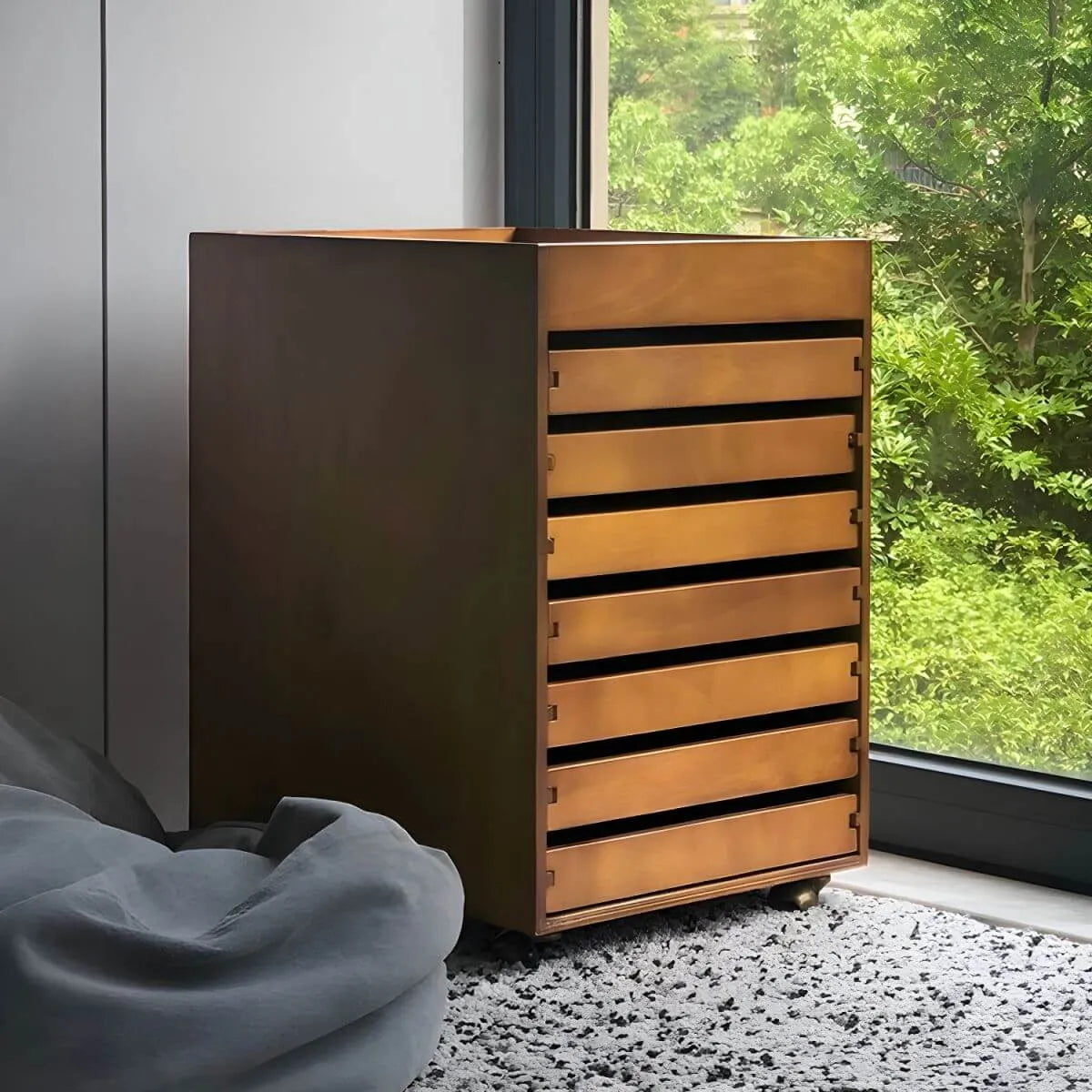 Oak Vertical Storage Cabinet With 7 Drawers and Tray Top