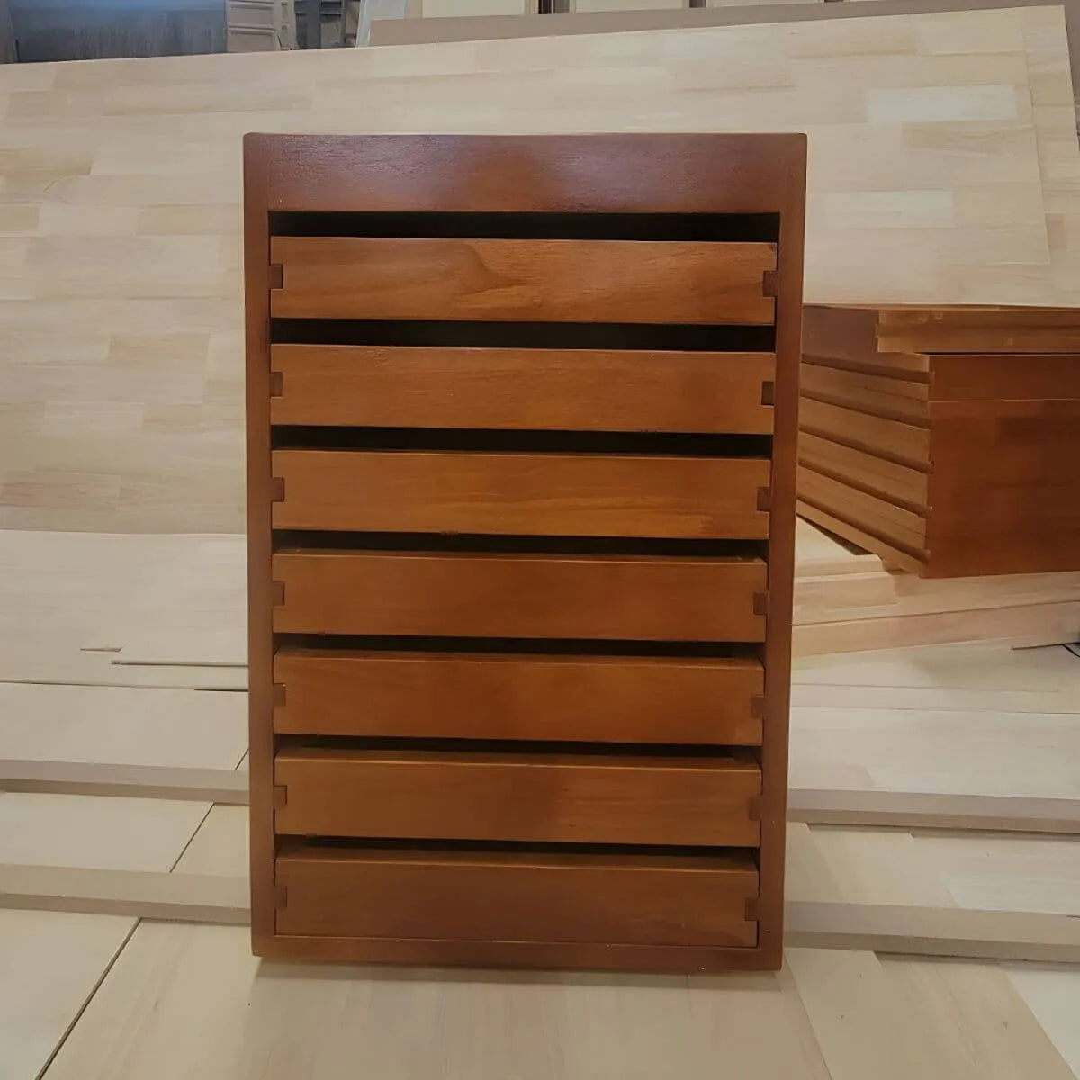 Oak Vertical Storage Cabinet With 7 Drawers and Tray Top