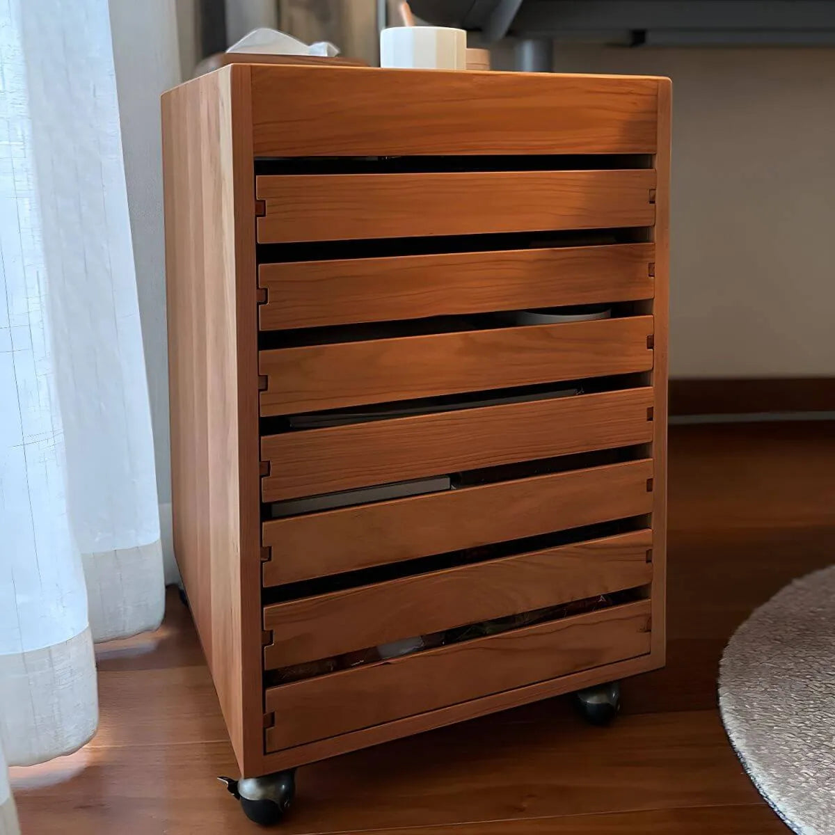 Oak Vertical Storage Cabinet With 7 Drawers and Tray Top