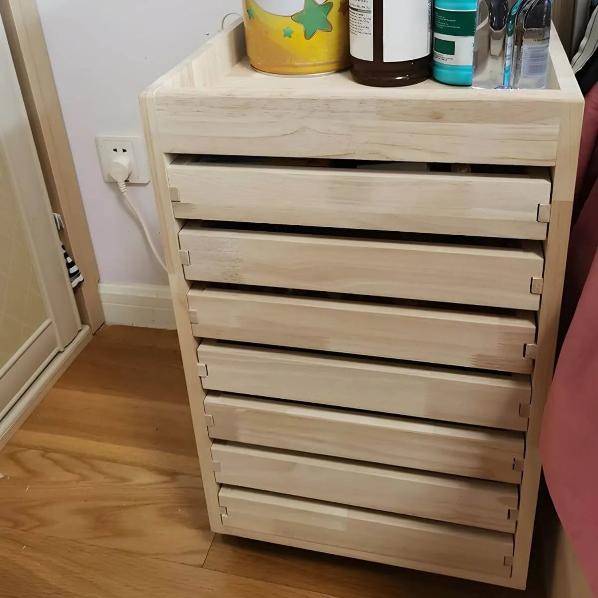 Oak Vertical Storage Cabinet With 7 Drawers and Tray Top
