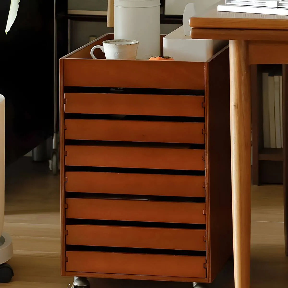 Oak Vertical Storage Cabinet With 7 Drawers and Tray Top