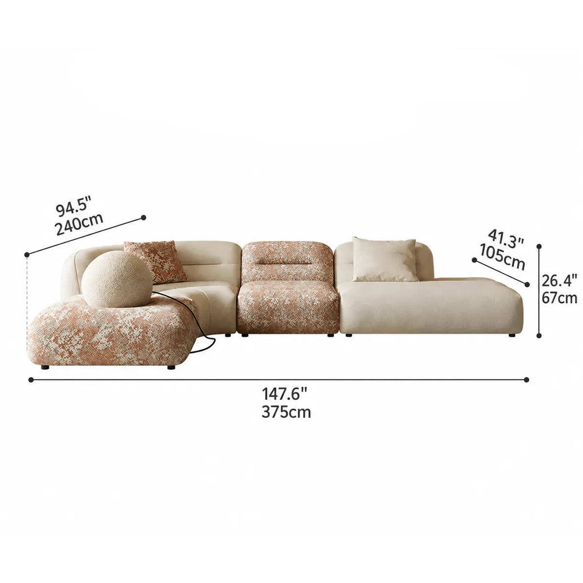 Oatmeal Chenille Cotton Linen Modular Sofa With Cloud-Low Profile Dimensions