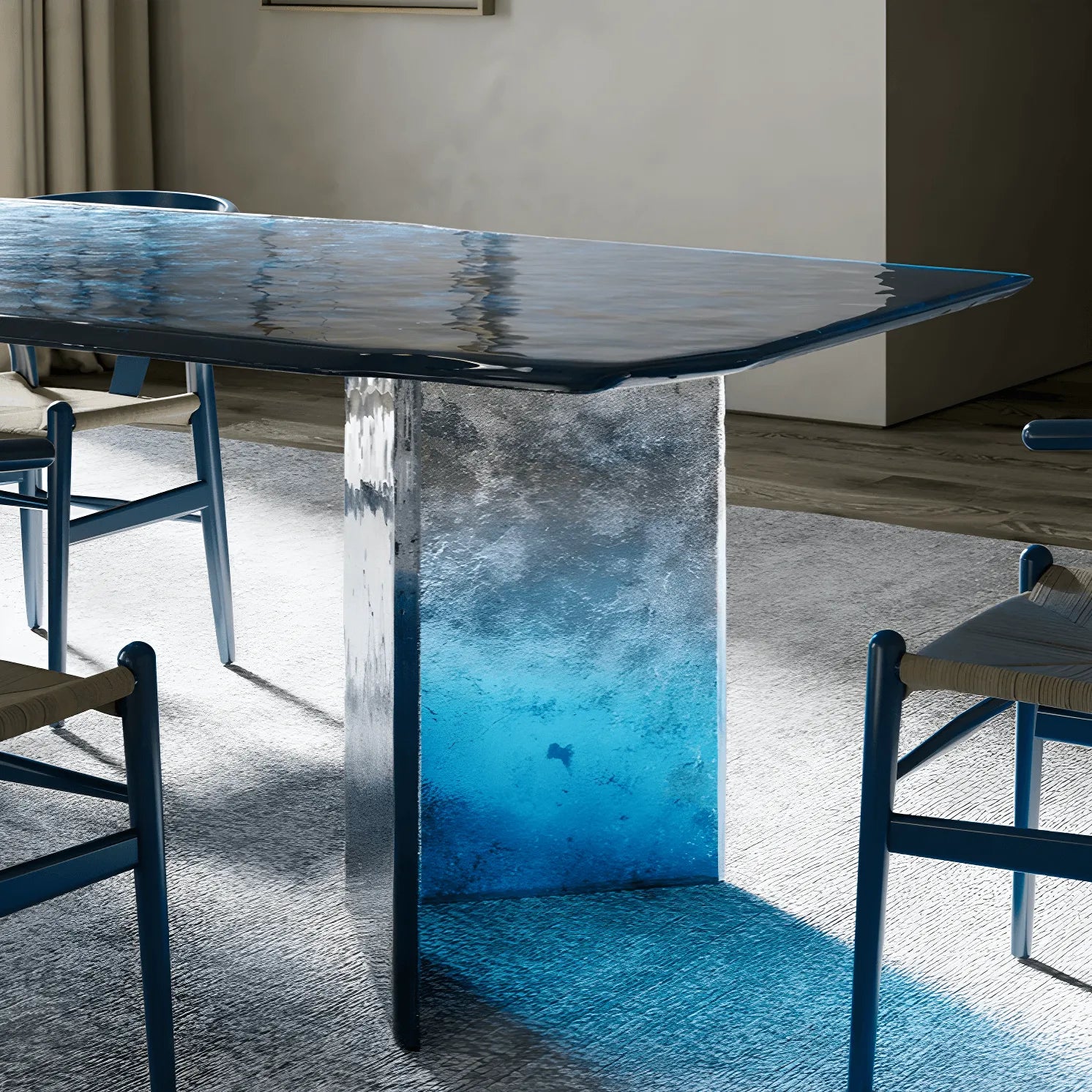 Table à manger en verre bleu océan avec base en V sculpturale et texture dégradée Image secondaire du produit