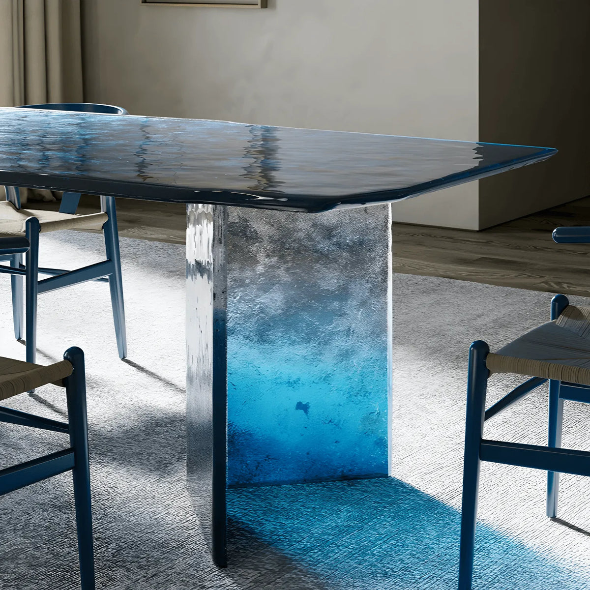 Ocean Blue Glass Dining Table with Sculptural V Base and Gradient Texture