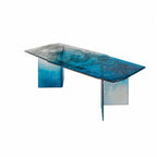Ocean Blue Glass Dining Table with Sculptural V Base and Gradient Texture