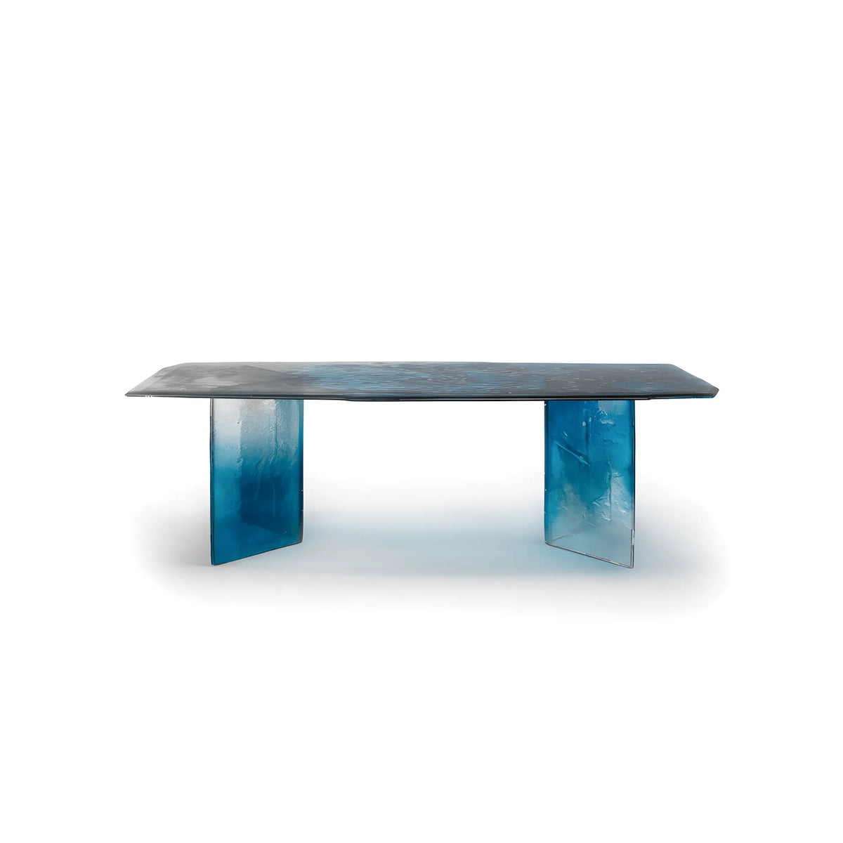 Ocean Blue Glass Dining Table with Sculptural V Base and Gradient Texture