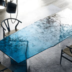Ocean Blue Glass Dining Table with Sculptural V Base and Gradient Texture