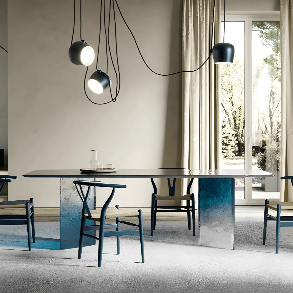 Ocean Blue Glass Dining Table with Sculptural V Base and Gradient Texture Main Product Image Image principale du produit