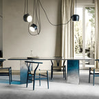 Ocean Blue Glass Dining Table with Sculptural V Base and Gradient Texture Main Product Image