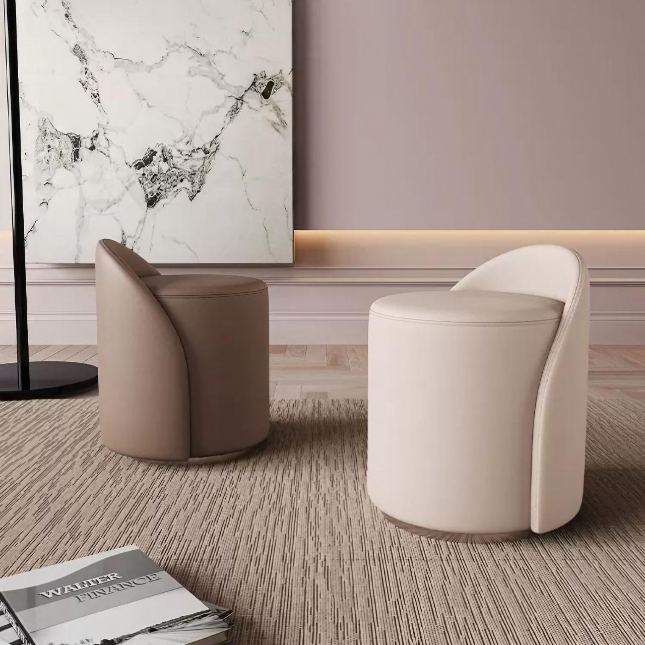 Off White Leather Swivel Makeup Stool in a Luxurious Setting