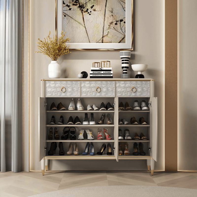 Off-white Shoe Cabinet With Doors & Metal Tapered Legs