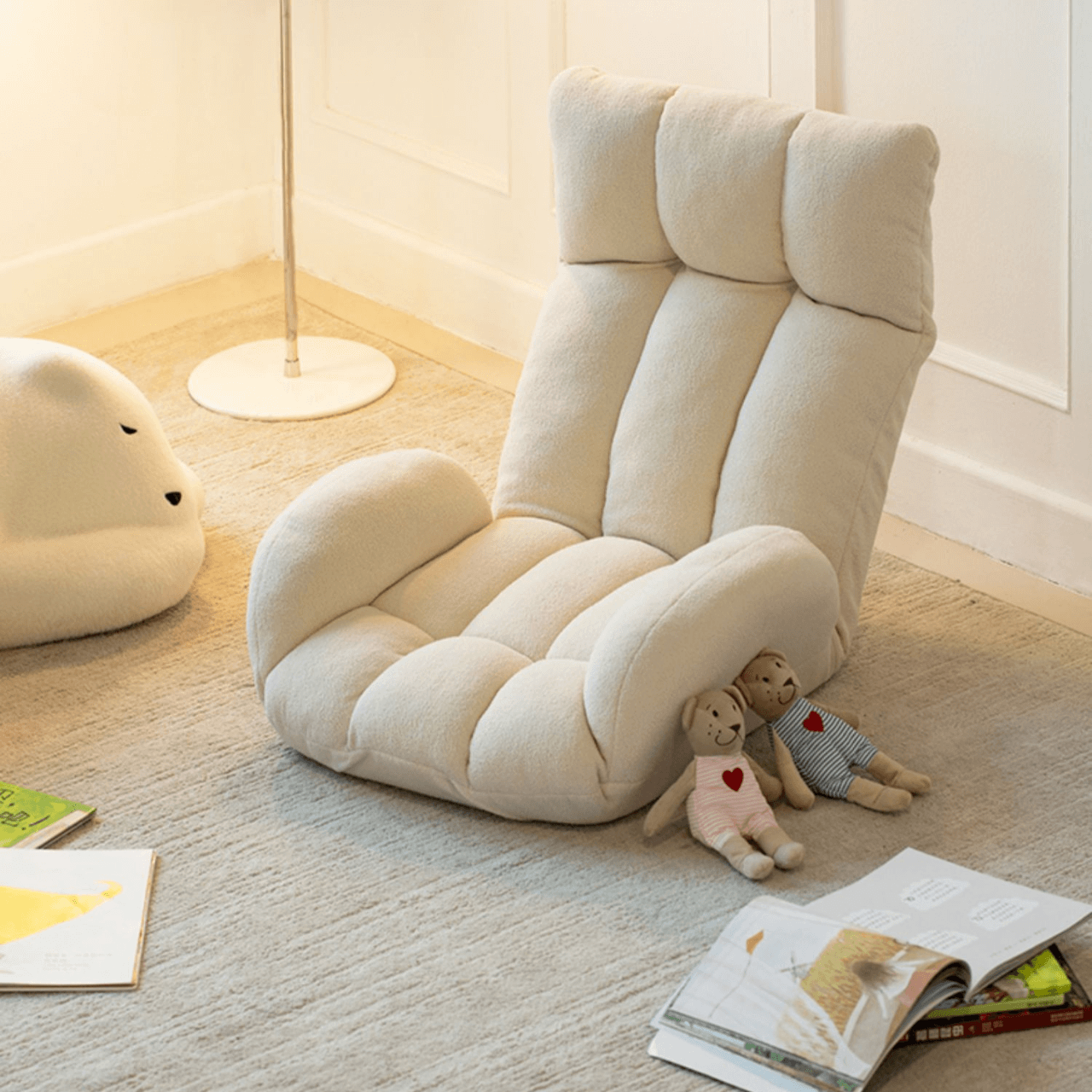 Off White Teddy Fleece Kids' Chair in Folded Position for Easy Storage